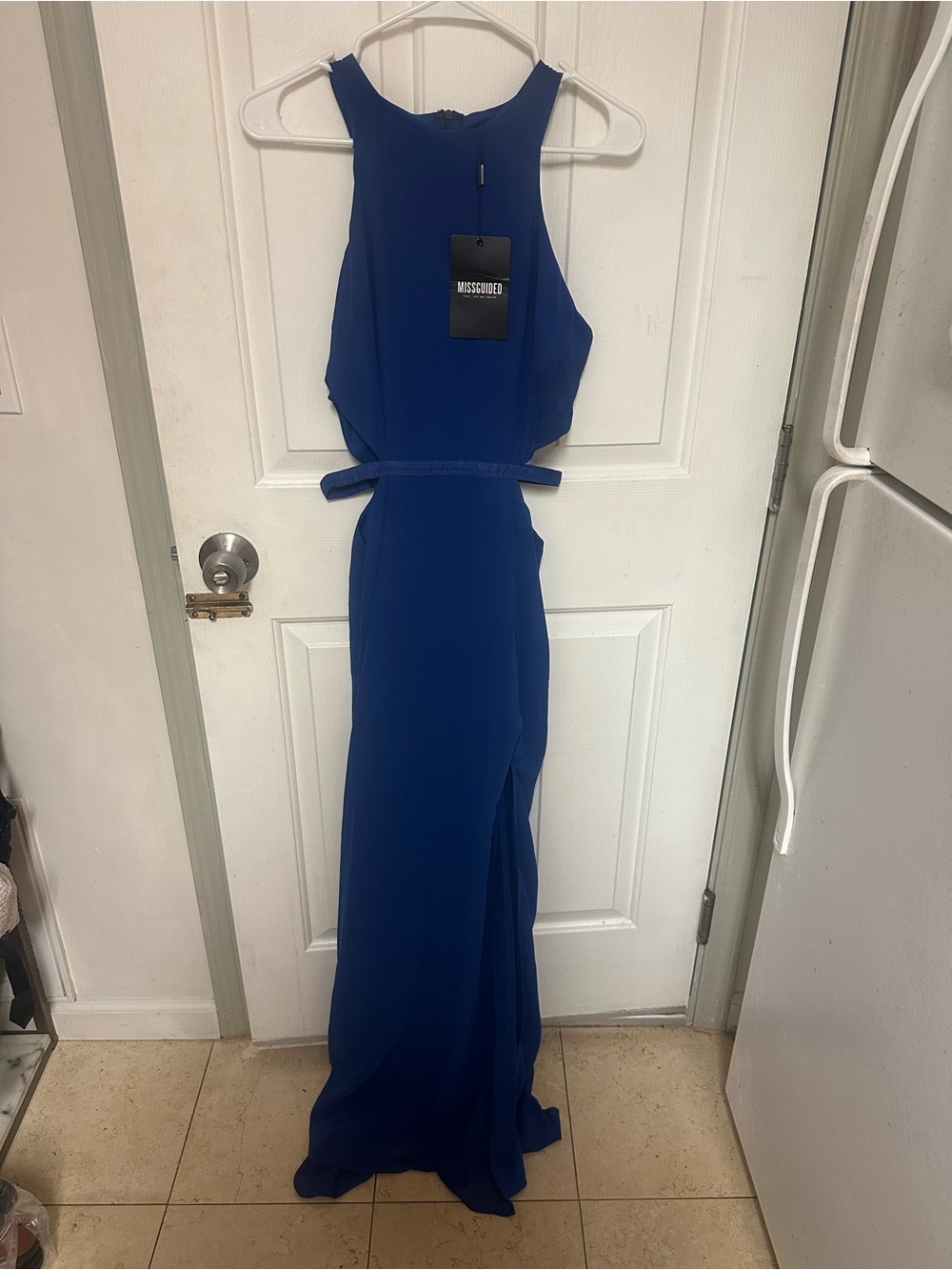NWT MISSGUIDED Royal Blue Halter Evening Maxi Evening Gown with Side Slit